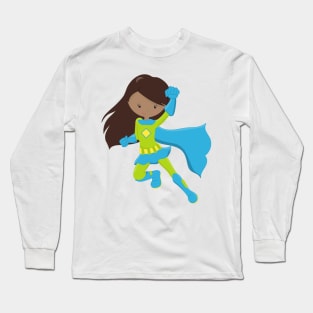 African American Girl, Superhero Girl, Blue Cape Long Sleeve T-Shirt